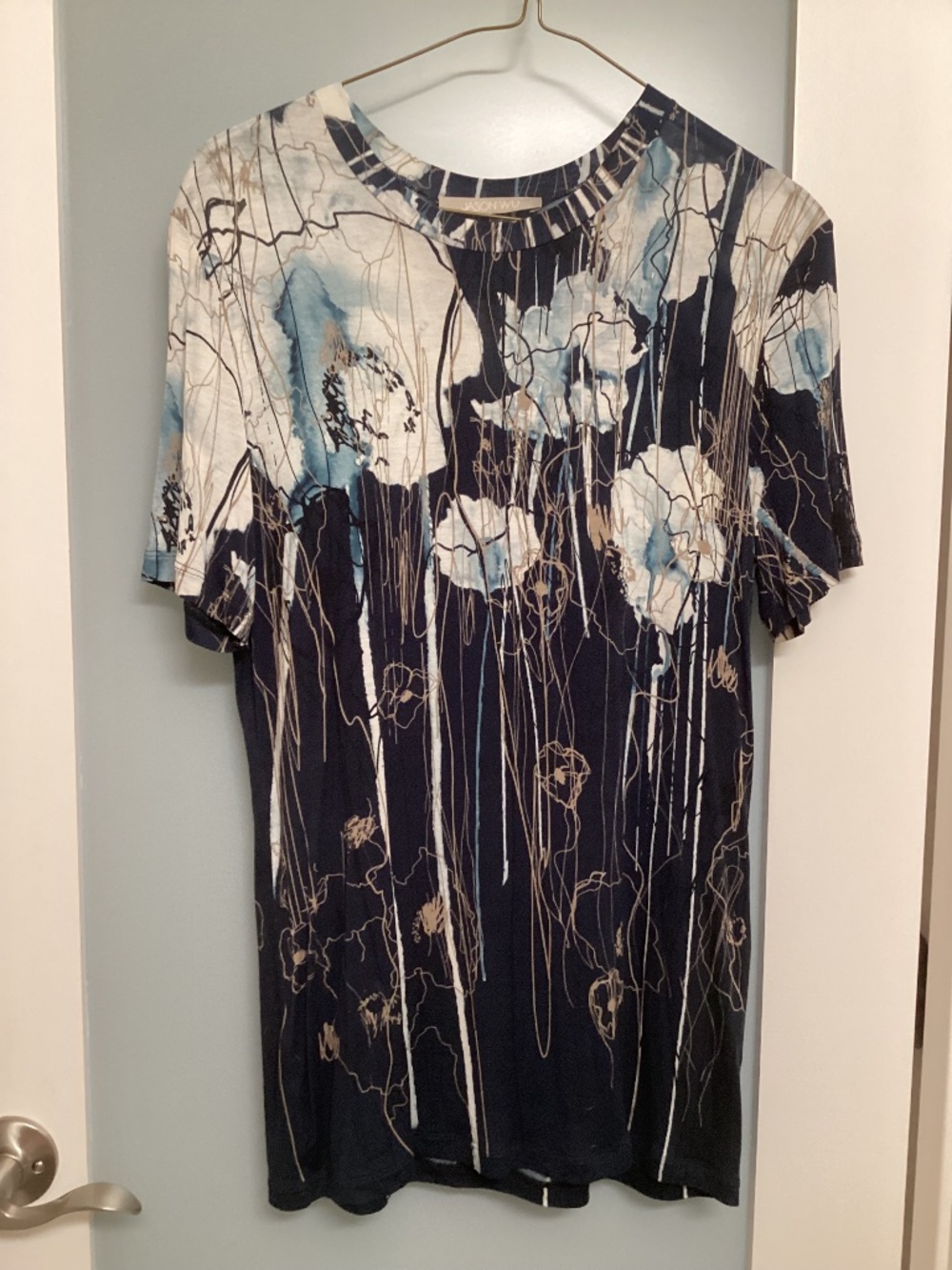 Jason Wu Designer Abstract Floral Print Top, Size 4, Navy/ Blue/ Cream